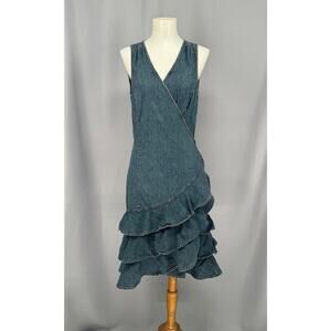 Lauren Jeans Co Dress Womens 12 Blue Denim Sleeveless Ruffle Tiered Wrap Y2K